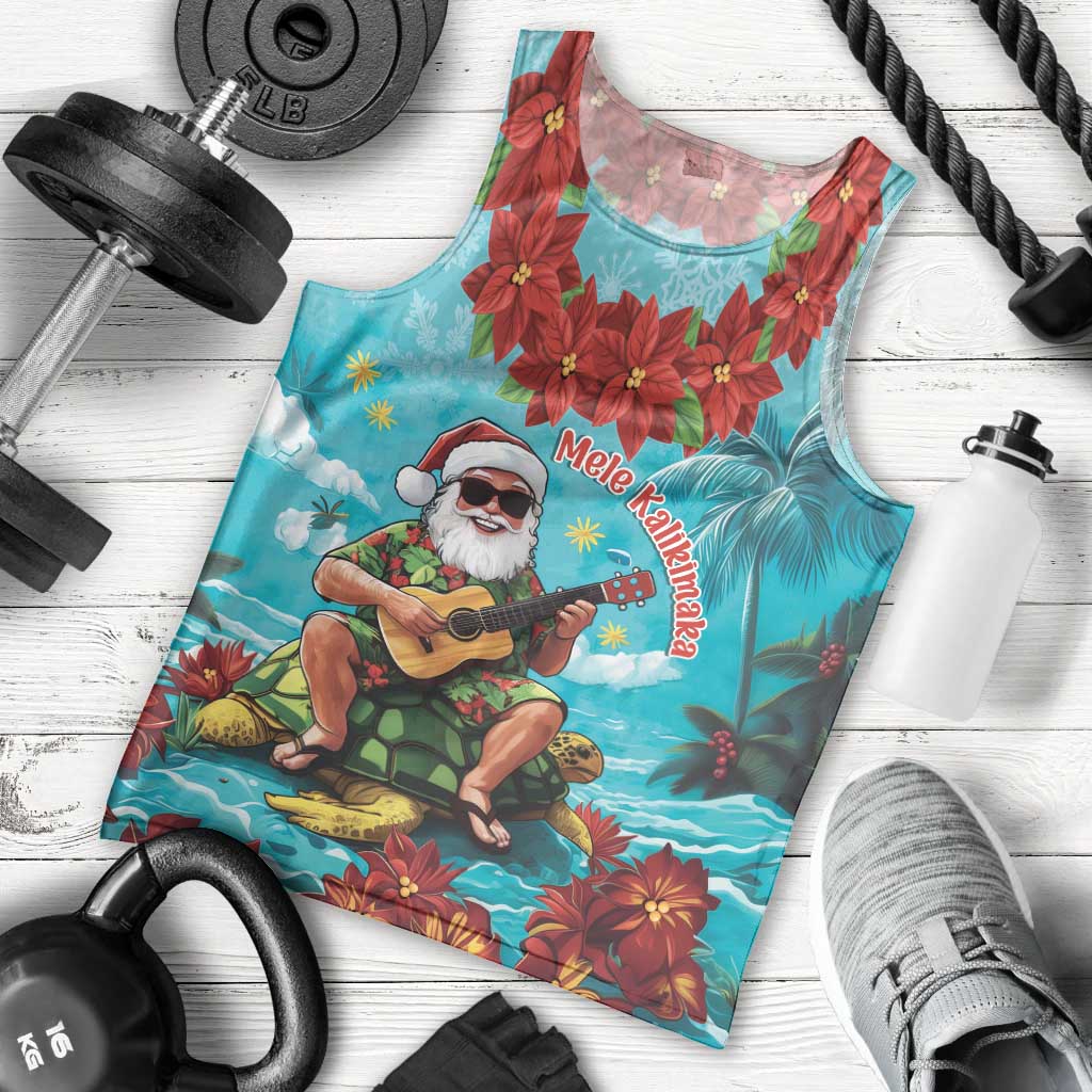 Hawaii Christmas Men Tank Top Mele Kalikimaka Poinsettia Lei - Cyan