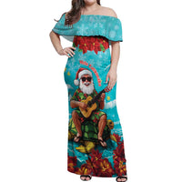 Hawaii Christmas Off Shoulder Maxi Dress Mele Kalikimaka Poinsettia Lei - Cyan