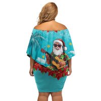 Hawaii Christmas Off Shoulder Short Dress Mele Kalikimaka Poinsettia Lei - Cyan