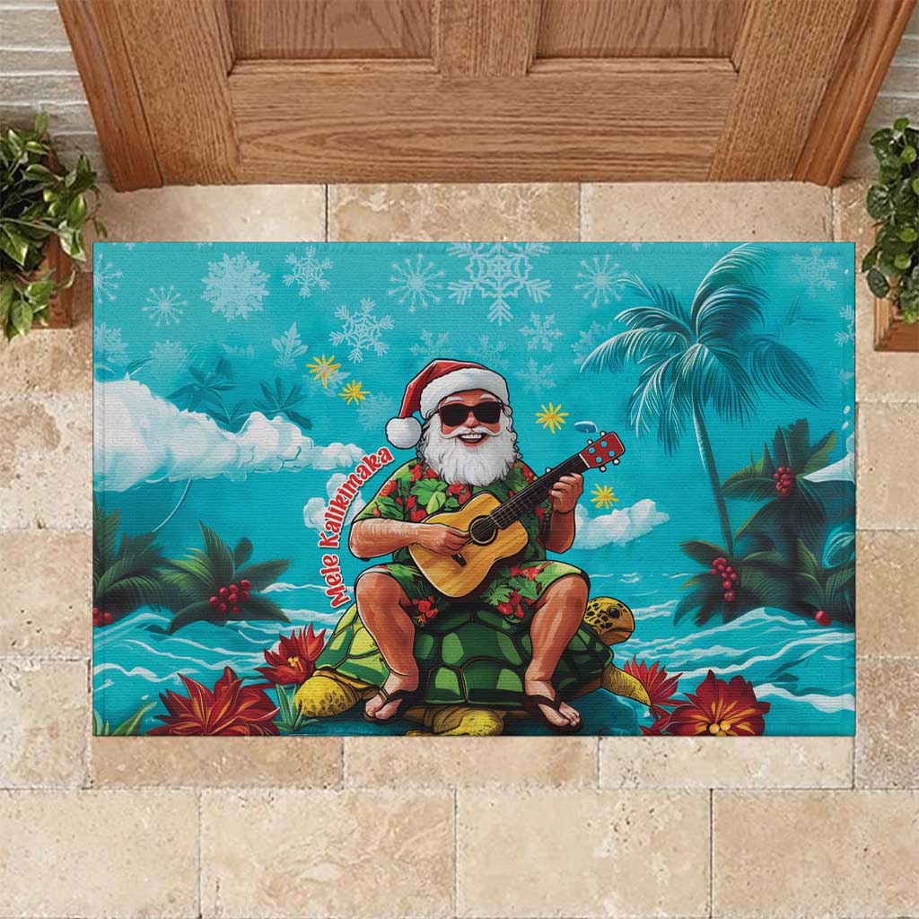 Hawaii Christmas Rubber Doormat Mele Kalikimaka Poinsettia Lei - Cyan