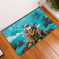 Hawaii Christmas Rubber Doormat Mele Kalikimaka Poinsettia Lei - Cyan