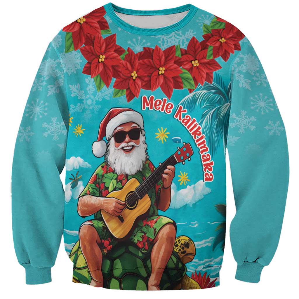 Hawaii Christmas Sweatshirt Mele Kalikimaka Poinsettia Lei - Cyan
