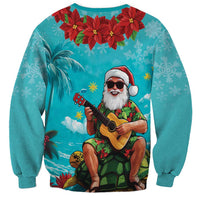 Hawaii Christmas Sweatshirt Mele Kalikimaka Poinsettia Lei - Cyan
