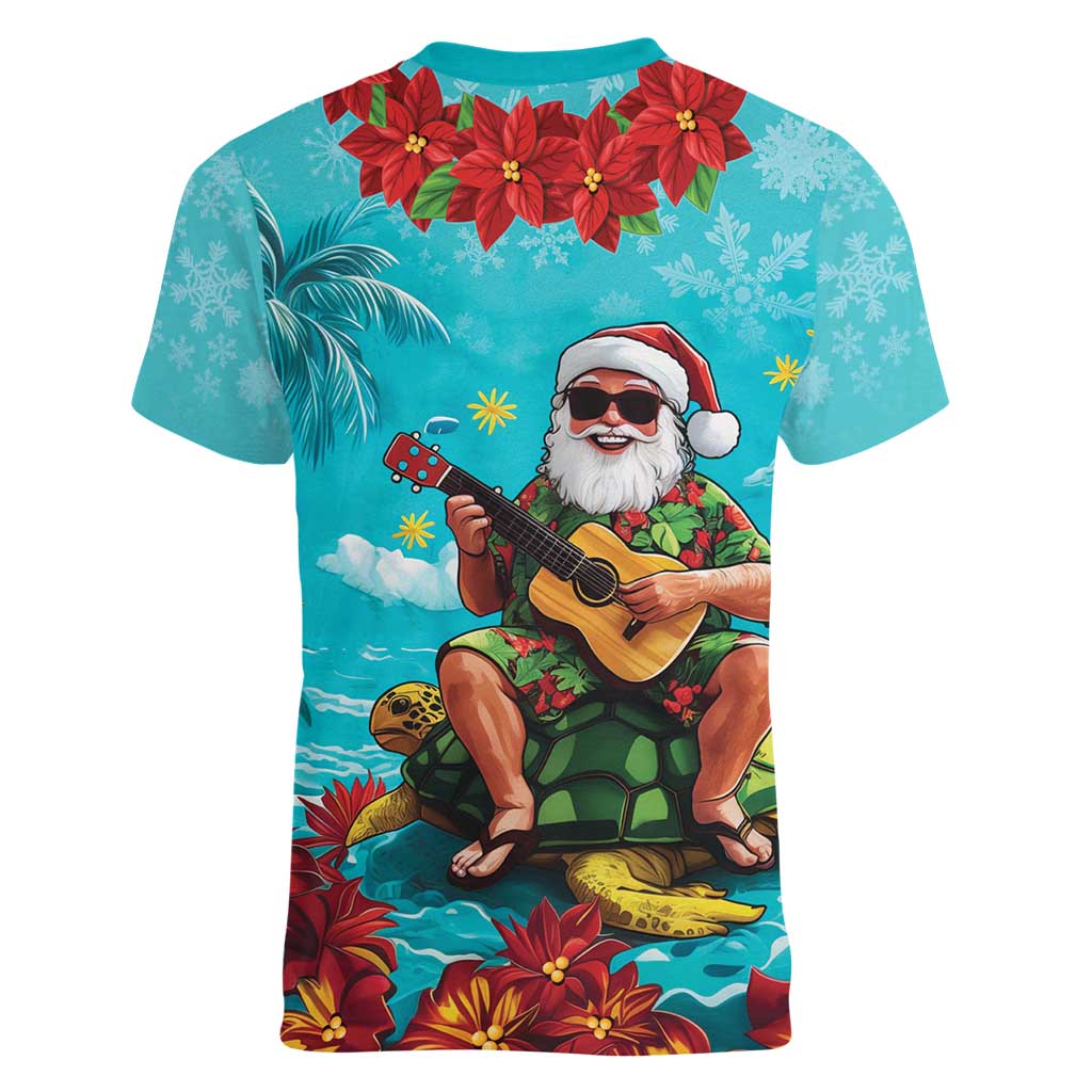 Hawaii Christmas Women V-Neck T-Shirt Mele Kalikimaka Poinsettia Lei - Cyan