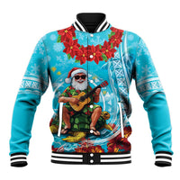 Hawaii Christmas Baseball Jacket Mele Kalikimaka Poinsettia Lei Polynesian - Blue