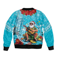 Hawaii Christmas Bomber Jacket Mele Kalikimaka Poinsettia Lei Polynesian - Blue