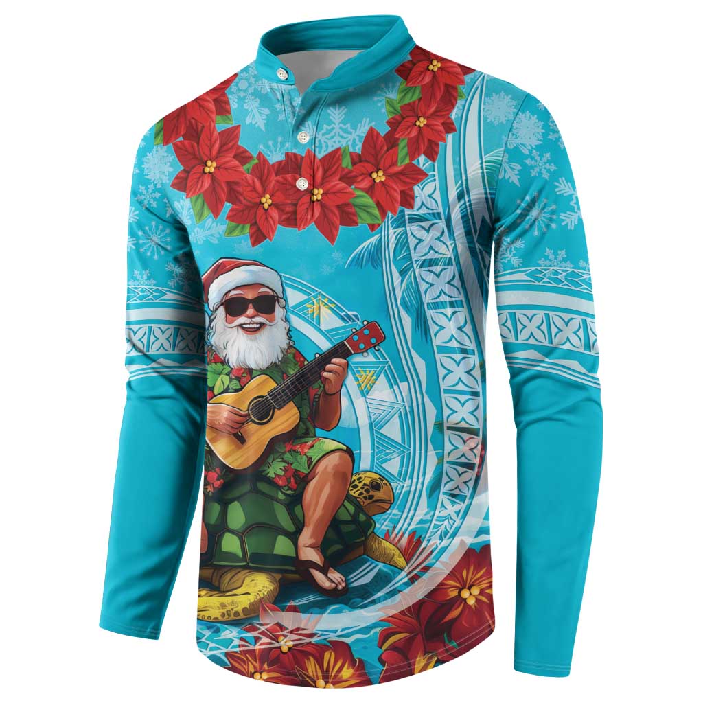 Hawaii Christmas Button Sweatshirt Mele Kalikimaka Poinsettia Lei Polynesian - Blue