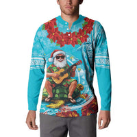 Hawaii Christmas Button Sweatshirt Mele Kalikimaka Poinsettia Lei Polynesian - Blue