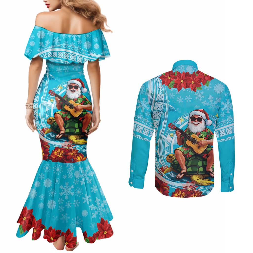 Hawaii Christmas Couples Matching Mermaid Dress and Long Sleeve Button Shirt Mele Kalikimaka Poinsettia Lei Polynesian - Blue
