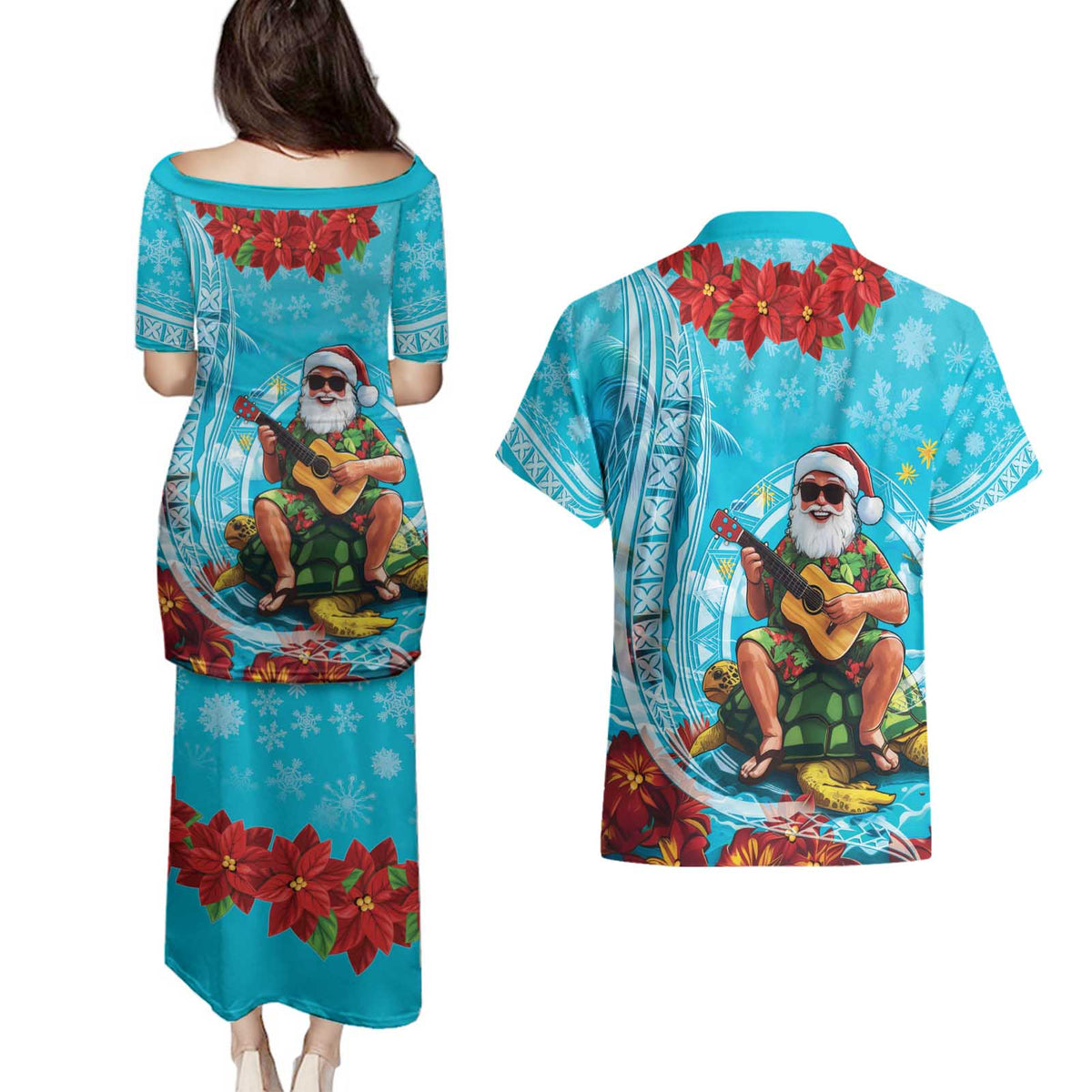 Hawaii Christmas Couples Matching Puletasi and Hawaiian Shirt Mele Kalikimaka Poinsettia Lei Polynesian - Blue