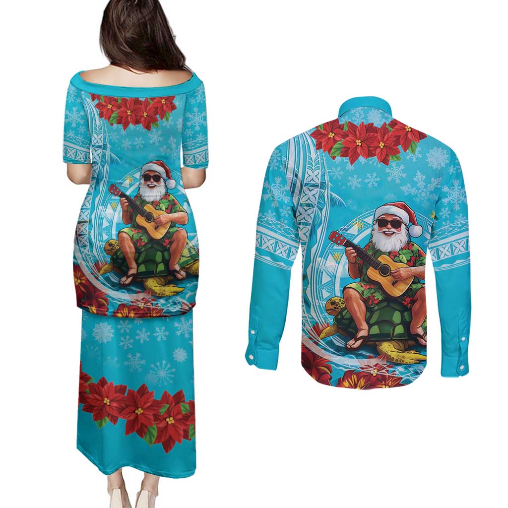 Hawaii Christmas Couples Matching Puletasi and Long Sleeve Button Shirt Mele Kalikimaka Poinsettia Lei Polynesian - Blue