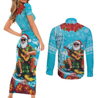 Hawaii Christmas Couples Matching Short Sleeve Bodycon Dress and Long Sleeve Button Shirt Mele Kalikimaka Poinsettia Lei Polynesian - Blue