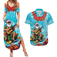 Hawaii Christmas Couples Matching Summer Maxi Dress and Hawaiian Shirt Mele Kalikimaka Poinsettia Lei Polynesian - Blue