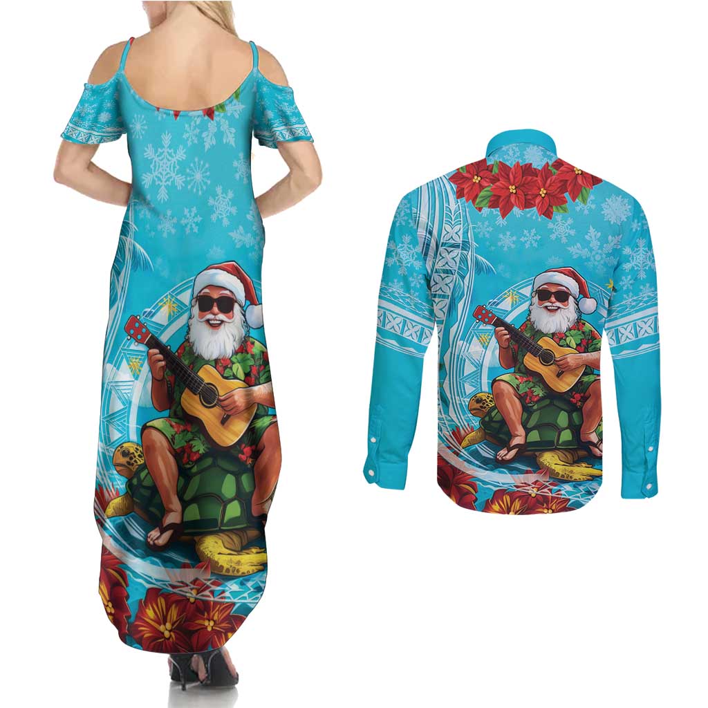 Hawaii Christmas Couples Matching Summer Maxi Dress and Long Sleeve Button Shirt Mele Kalikimaka Poinsettia Lei Polynesian - Blue