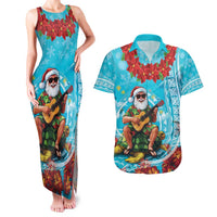 Hawaii Christmas Couples Matching Tank Maxi Dress and Hawaiian Shirt Mele Kalikimaka Poinsettia Lei Polynesian - Blue