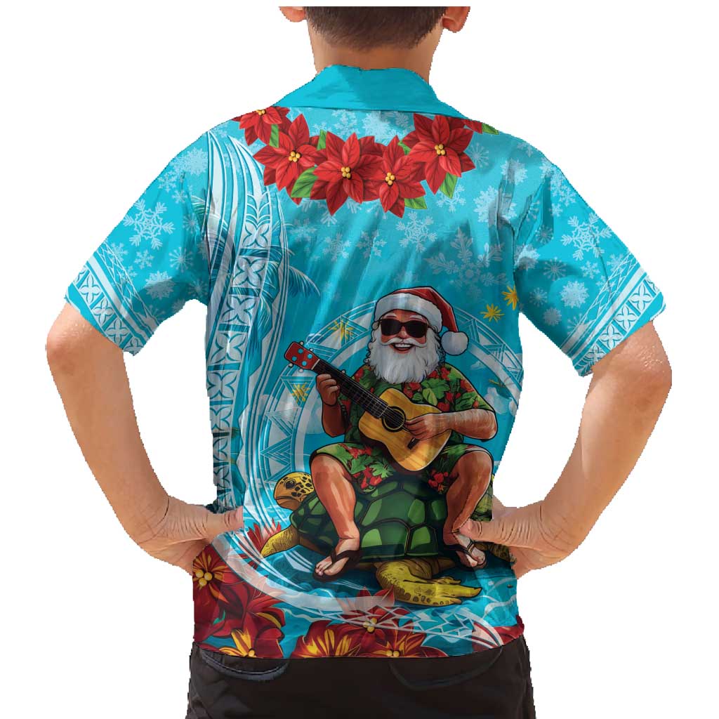 Hawaii Christmas Family Matching Mermaid Dress and Hawaiian Shirt Mele Kalikimaka Poinsettia Lei Polynesian - Blue