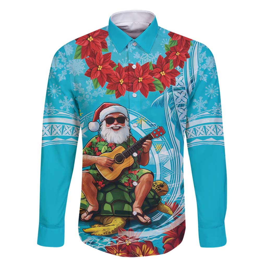 Hawaii Christmas Family Matching Mermaid Dress and Hawaiian Shirt Mele Kalikimaka Poinsettia Lei Polynesian - Blue