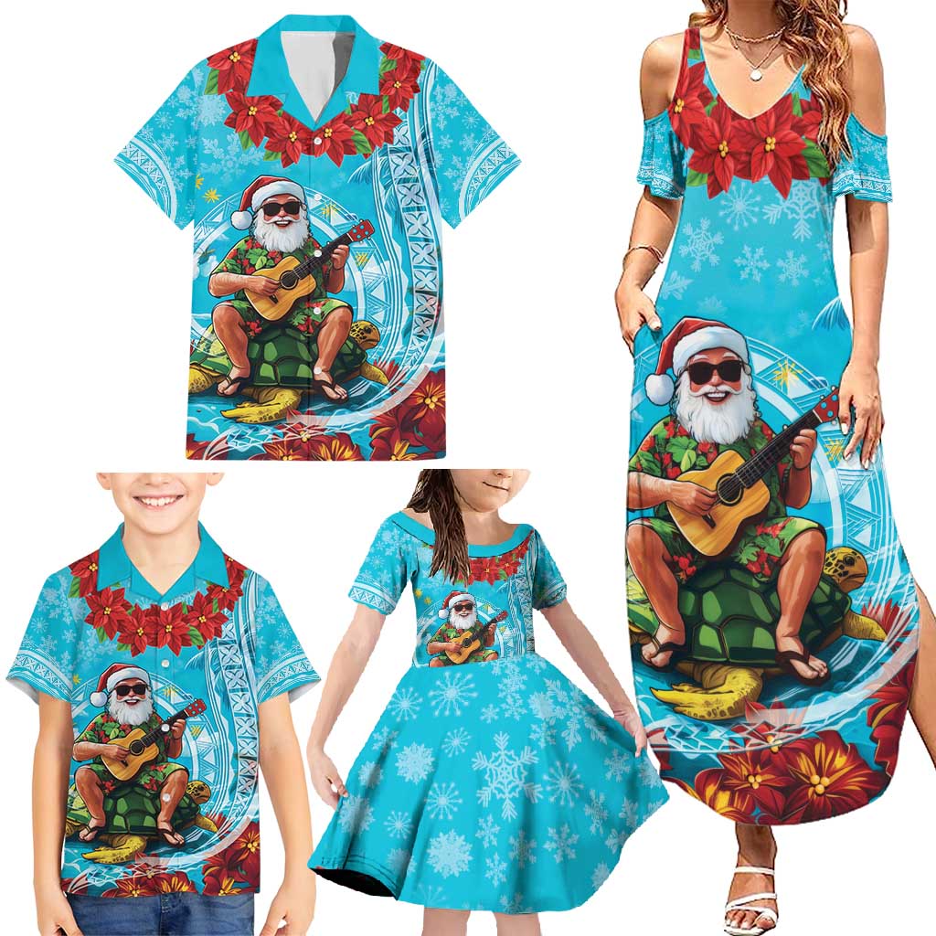 Hawaii Christmas Family Matching Summer Maxi Dress and Hawaiian Shirt Mele Kalikimaka Poinsettia Lei Polynesian - Blue