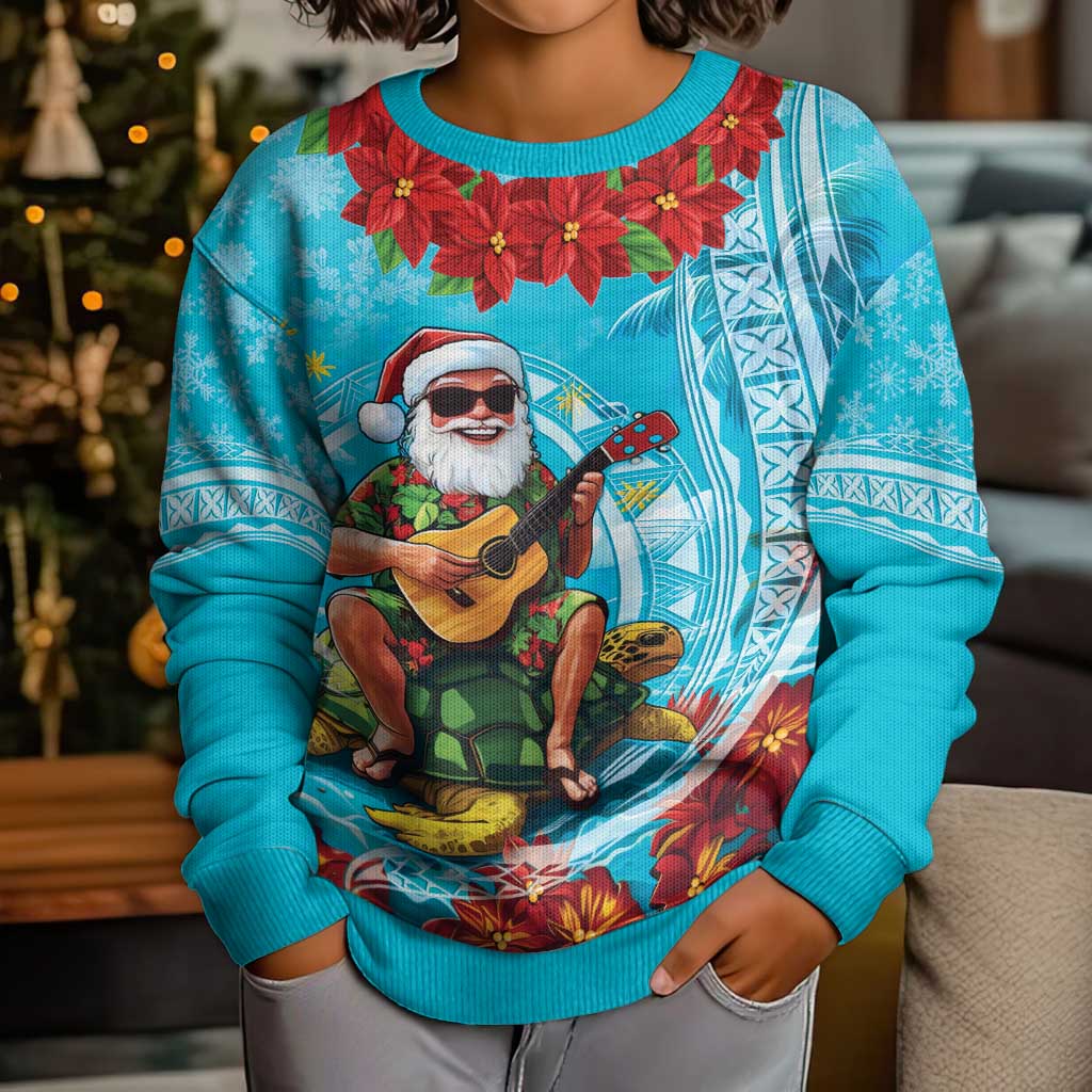 Hawaii Christmas Kid Ugly Christmas Sweater Mele Kalikimaka Poinsettia Lei Polynesian - Blue