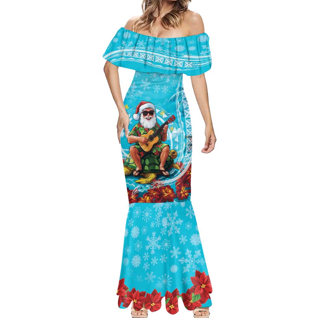 Hawaii Christmas Mermaid Dress Mele Kalikimaka Poinsettia Lei Polynesian - Blue