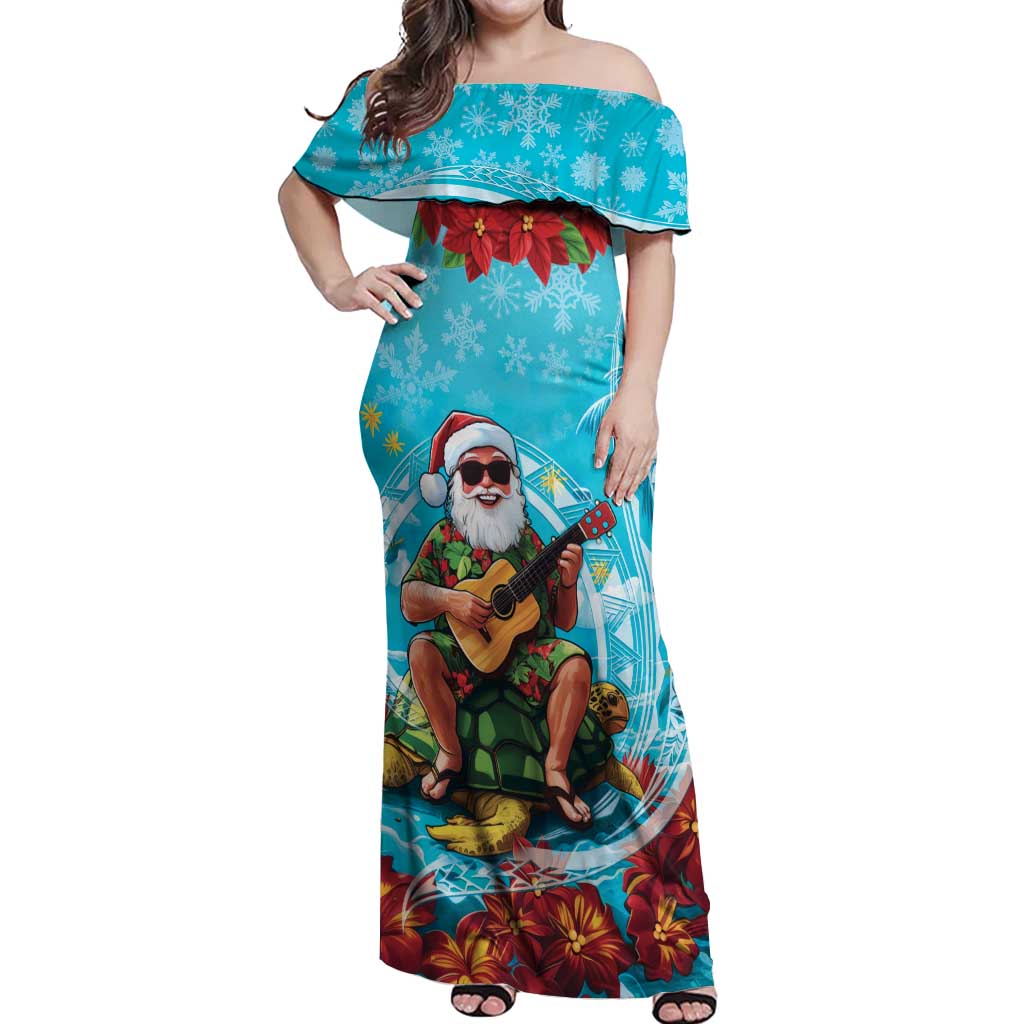 Hawaii Christmas Off Shoulder Maxi Dress Mele Kalikimaka Poinsettia Lei Polynesian - Blue