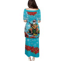 Hawaii Christmas Puletasi Mele Kalikimaka Poinsettia Lei Polynesian - Blue