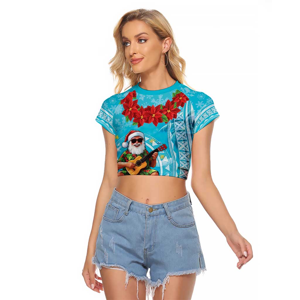 Hawaii Christmas Raglan Cropped T Shirt Mele Kalikimaka Poinsettia Lei Polynesian - Blue