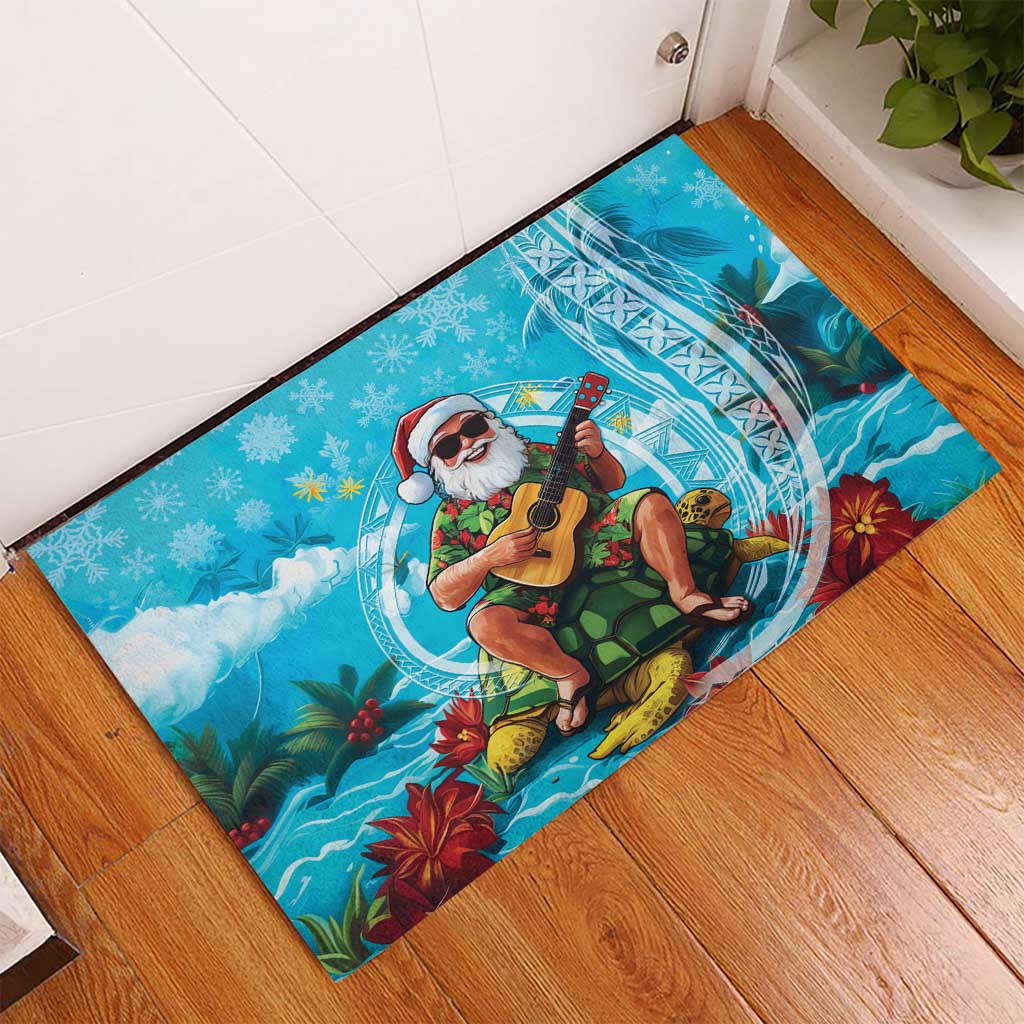 Hawaii Christmas Rubber Doormat Mele Kalikimaka Poinsettia Lei Polynesian - Blue