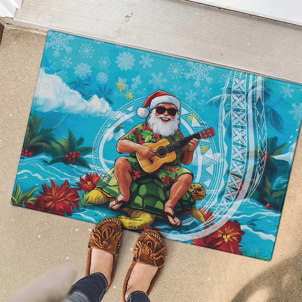 Hawaii Christmas Rubber Doormat Mele Kalikimaka Poinsettia Lei Polynesian - Blue