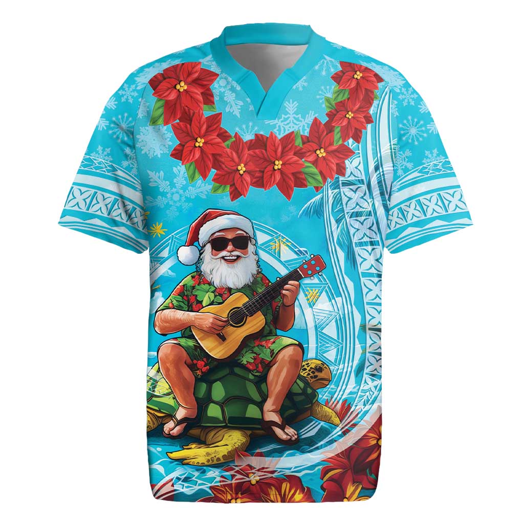Hawaii Christmas Rugby Jersey Mele Kalikimaka Poinsettia Lei Polynesian - Blue