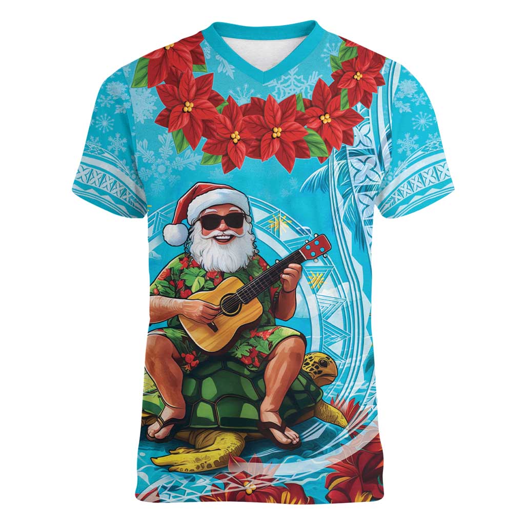 Hawaii Christmas Women V-Neck T-Shirt Mele Kalikimaka Poinsettia Lei Polynesian - Blue
