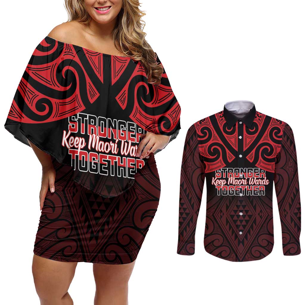 Personalised Keep Maori Wards New Zealand Couples Matching Off Shoulder Short Dress and Long Sleeve Button Shirt Stronger Together Aotearoa Taniko - Polynesian Pride