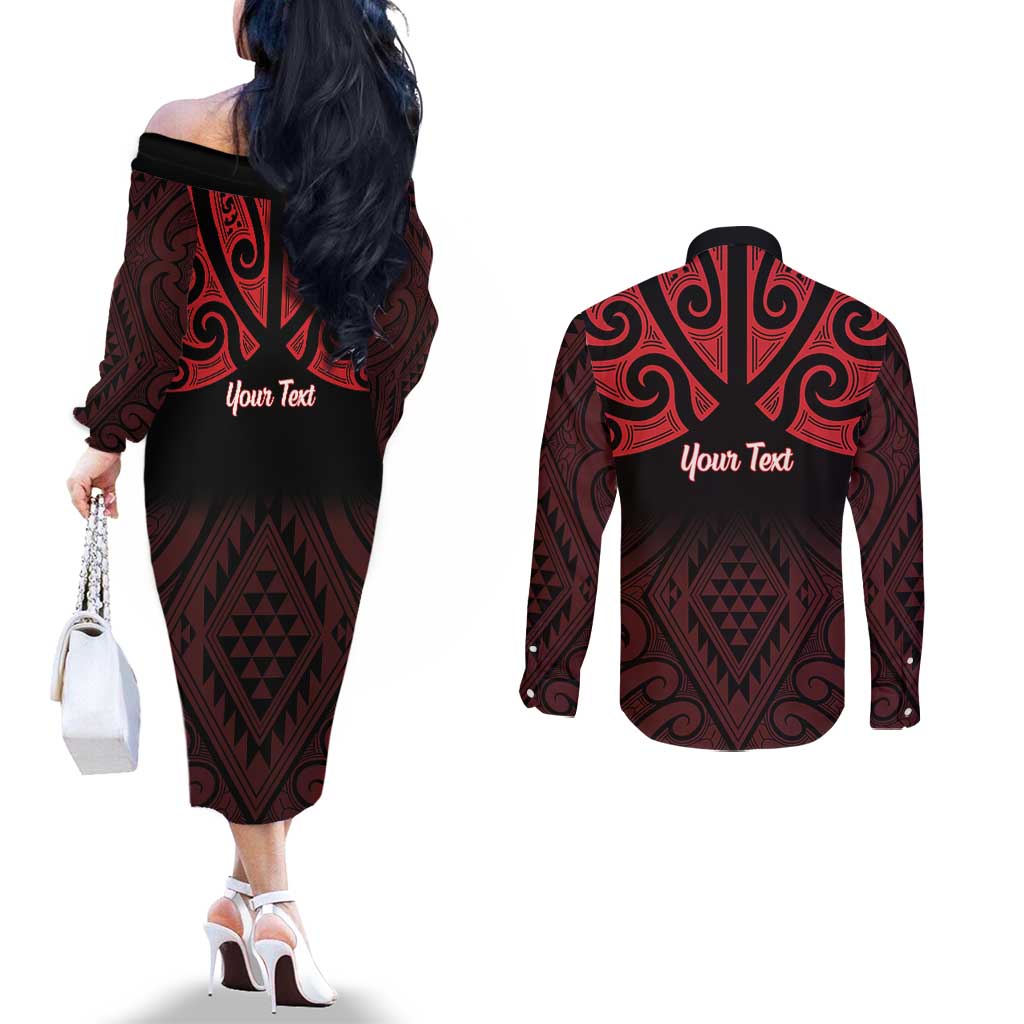 Personalised Keep Maori Wards New Zealand Couples Matching Off The Shoulder Long Sleeve Dress and Long Sleeve Button Shirt Stronger Together Aotearoa Taniko - Polynesian Pride