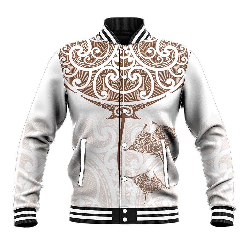 New Zealand Manta Ray Tattoo Baseball Jacket Aotearoa Maori Haehae Beige - Polynesian Pride