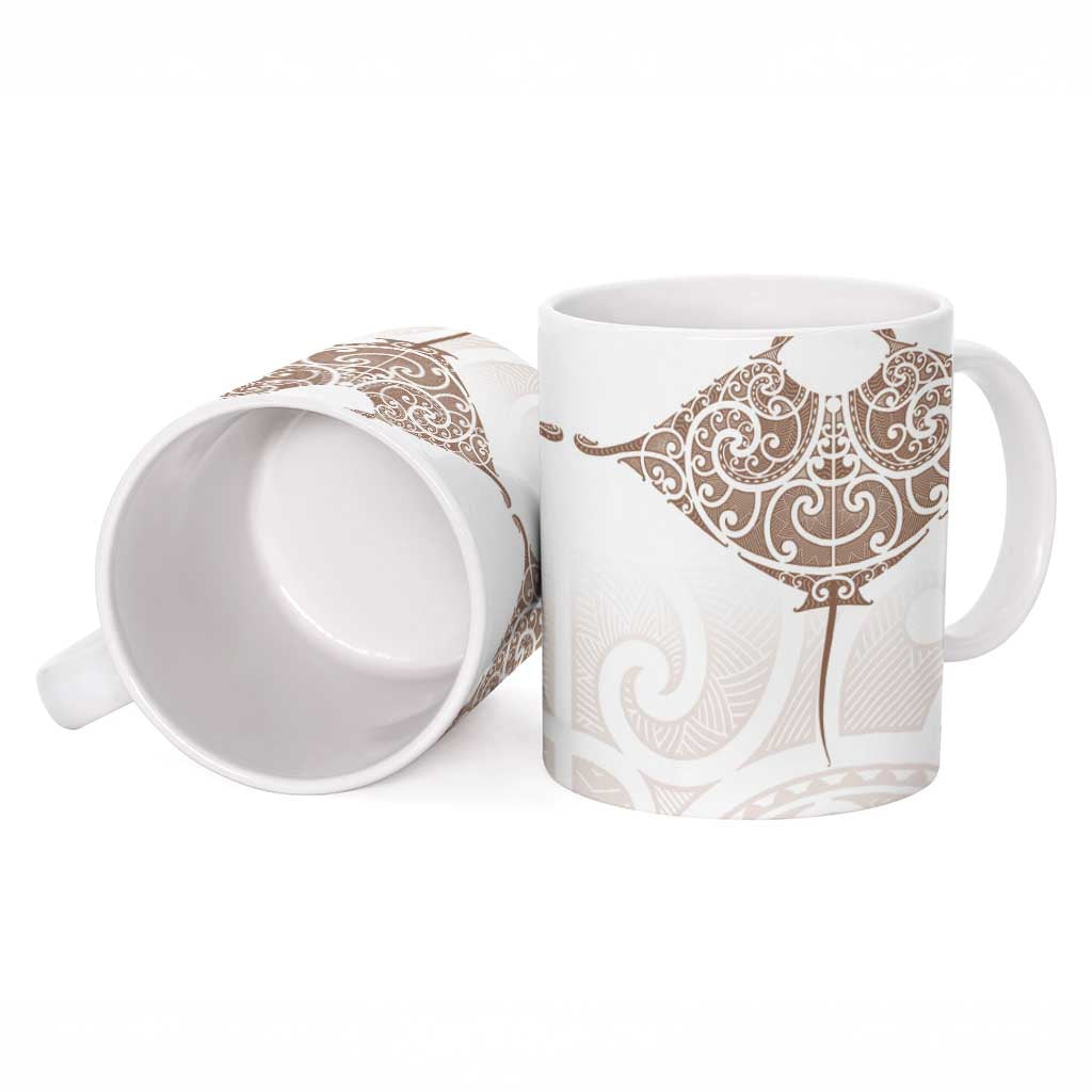 New Zealand Manta Ray Tattoo Ceramic Mug Aotearoa Maori Haehae Beige - Polynesian Pride