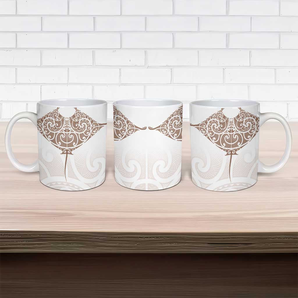 New Zealand Manta Ray Tattoo Ceramic Mug Aotearoa Maori Haehae Beige - Polynesian Pride