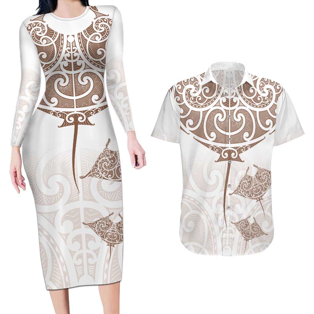 New Zealand Manta Ray Tattoo Couples Matching Long Sleeve Bodycon Dress and Hawaiian Shirt Aotearoa Maori Haehae Beige - Polynesian Pride