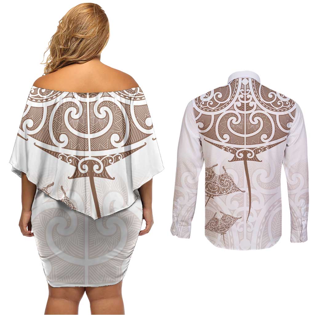 New Zealand Manta Ray Tattoo Couples Matching Off Shoulder Short Dress and Long Sleeve Button Shirt Aotearoa Maori Haehae Beige - Polynesian Pride