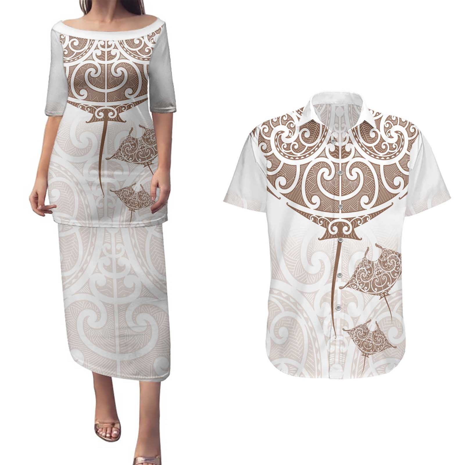 New Zealand Manta Ray Tattoo Couples Matching Puletasi and Hawaiian Shirt Aotearoa Maori Haehae Beige - Polynesian Pride