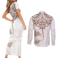 New Zealand Manta Ray Tattoo Couples Matching Short Sleeve Bodycon Dress and Long Sleeve Button Shirt Aotearoa Maori Haehae Beige - Polynesian Pride