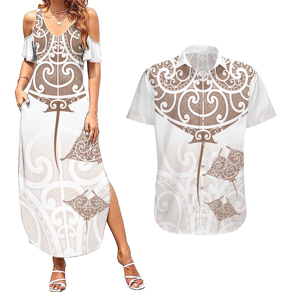 New Zealand Manta Ray Tattoo Couples Matching Summer Maxi Dress and Hawaiian Shirt Aotearoa Maori Haehae Beige - Polynesian Pride