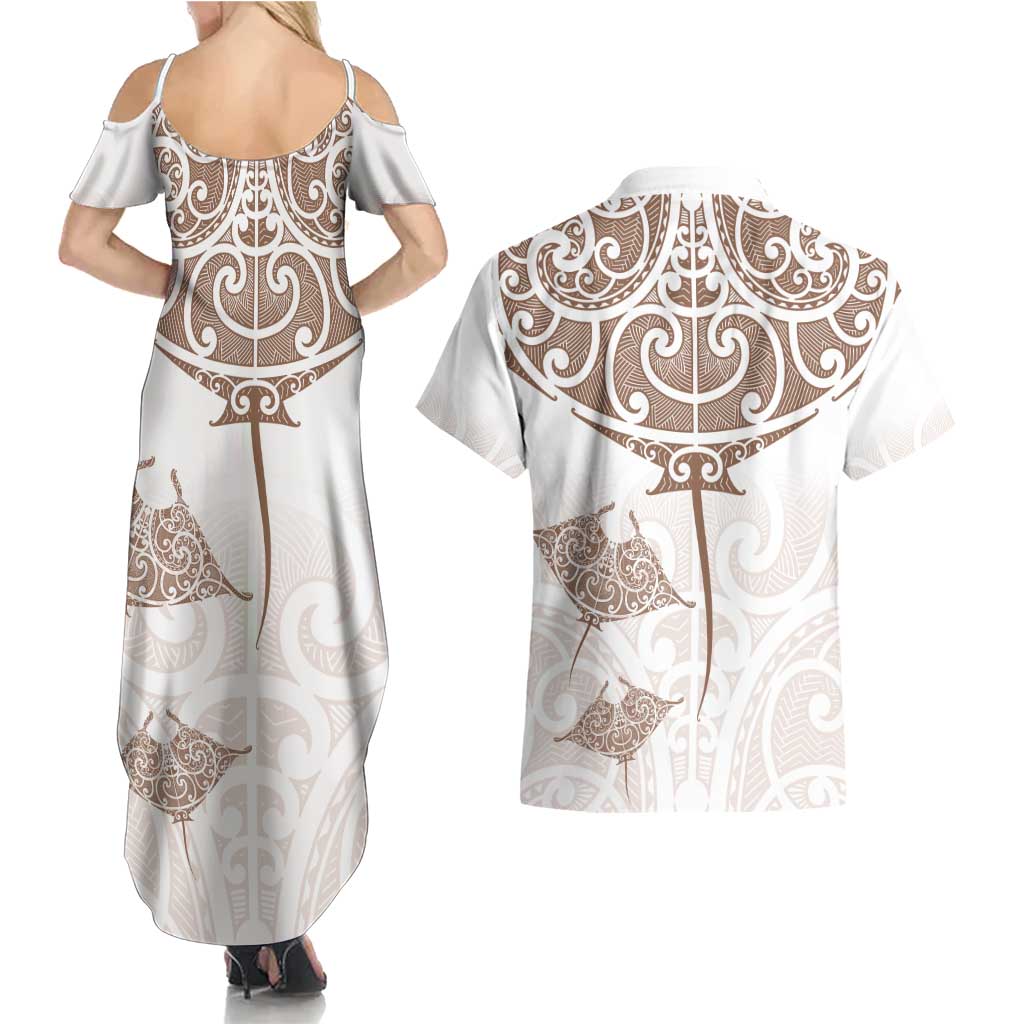 New Zealand Manta Ray Tattoo Couples Matching Summer Maxi Dress and Hawaiian Shirt Aotearoa Maori Haehae Beige - Polynesian Pride