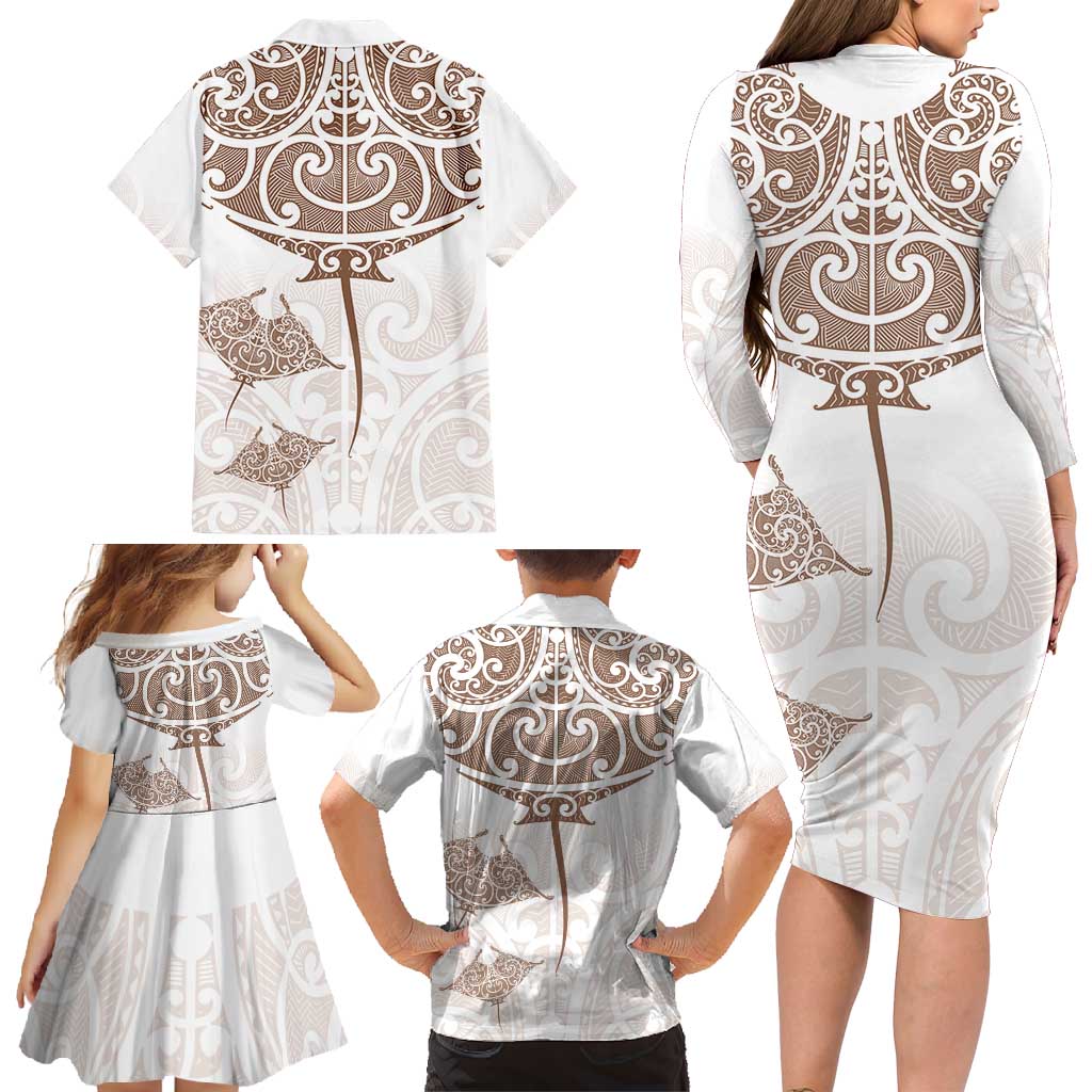 New Zealand Manta Ray Tattoo Family Matching Long Sleeve Bodycon Dress and Hawaiian Shirt Aotearoa Maori Haehae Beige - Polynesian Pride