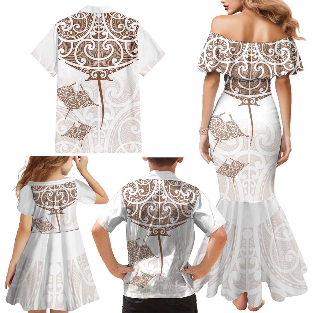 New Zealand Manta Ray Tattoo Family Matching Mermaid Dress and Hawaiian Shirt Aotearoa Maori Haehae Beige - Polynesian Pride
