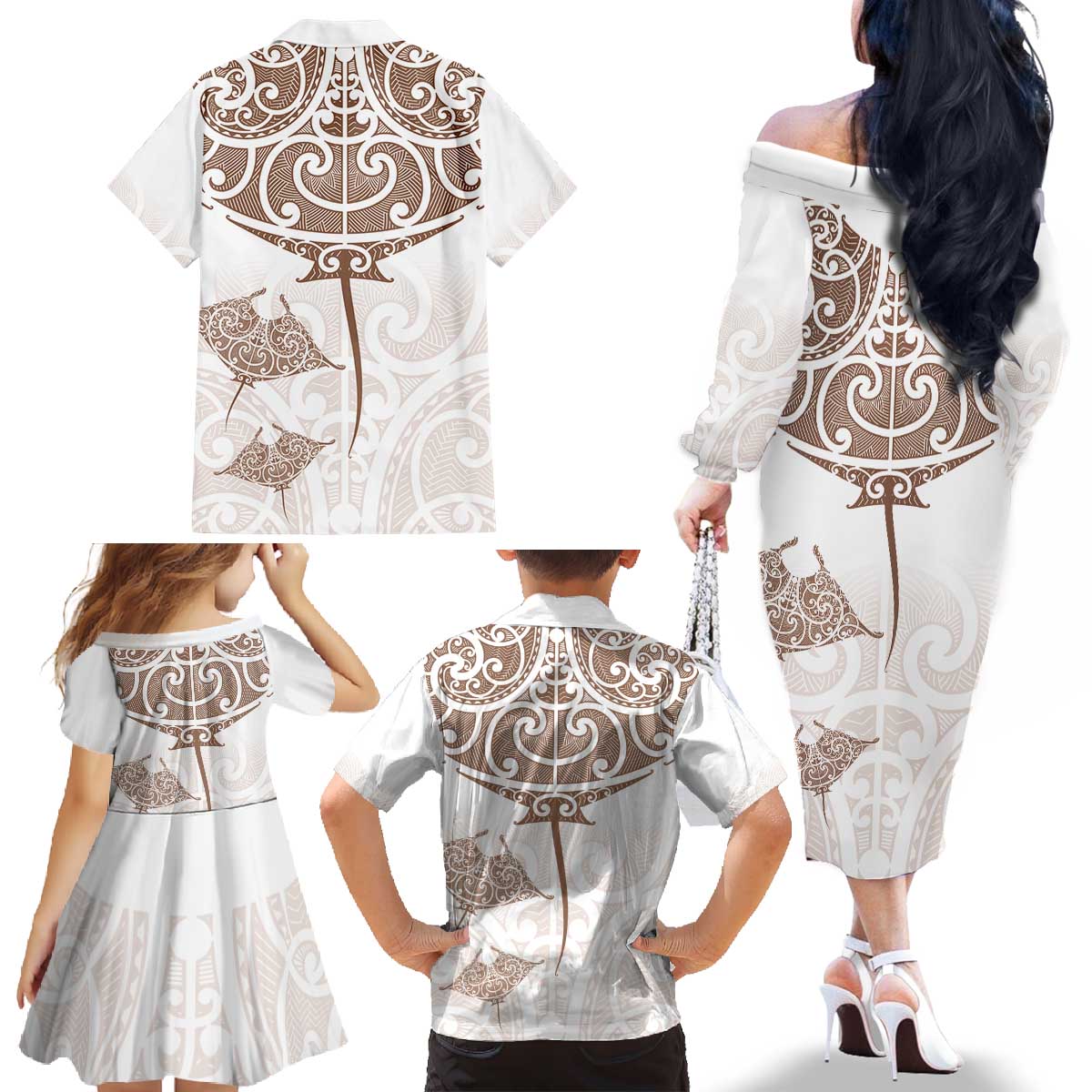 New Zealand Manta Ray Tattoo Family Matching Off The Shoulder Long Sleeve Dress and Hawaiian Shirt Aotearoa Maori Haehae Beige - Polynesian Pride
