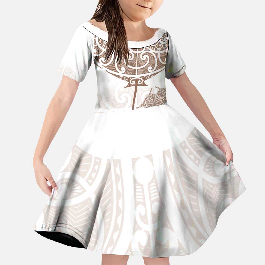 New Zealand Manta Ray Tattoo Family Matching Off Shoulder Maxi Dress and Hawaiian Shirt Aotearoa Maori Haehae Beige - Polynesian Pride