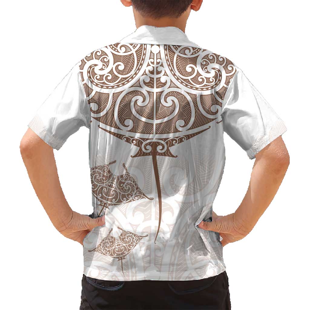 New Zealand Manta Ray Tattoo Family Matching Off Shoulder Short Dress and Hawaiian Shirt Aotearoa Maori Haehae Beige - Polynesian Pride