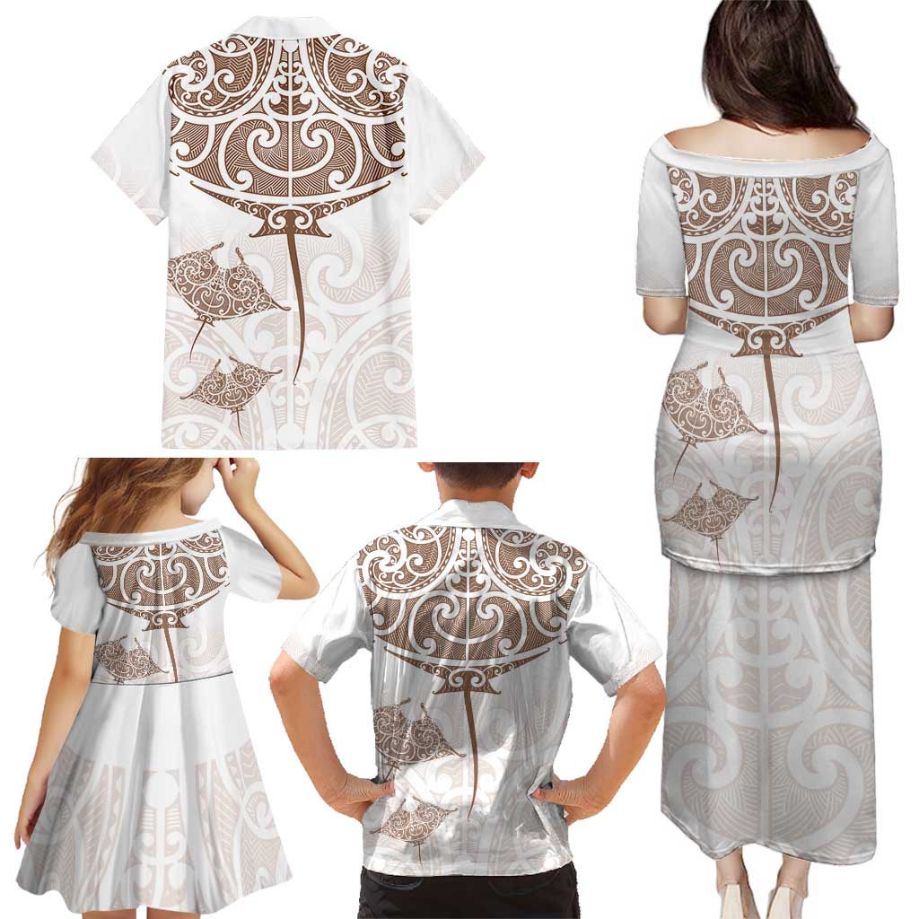 New Zealand Manta Ray Tattoo Family Matching Puletasi and Hawaiian Shirt Aotearoa Maori Haehae Beige - Polynesian Pride