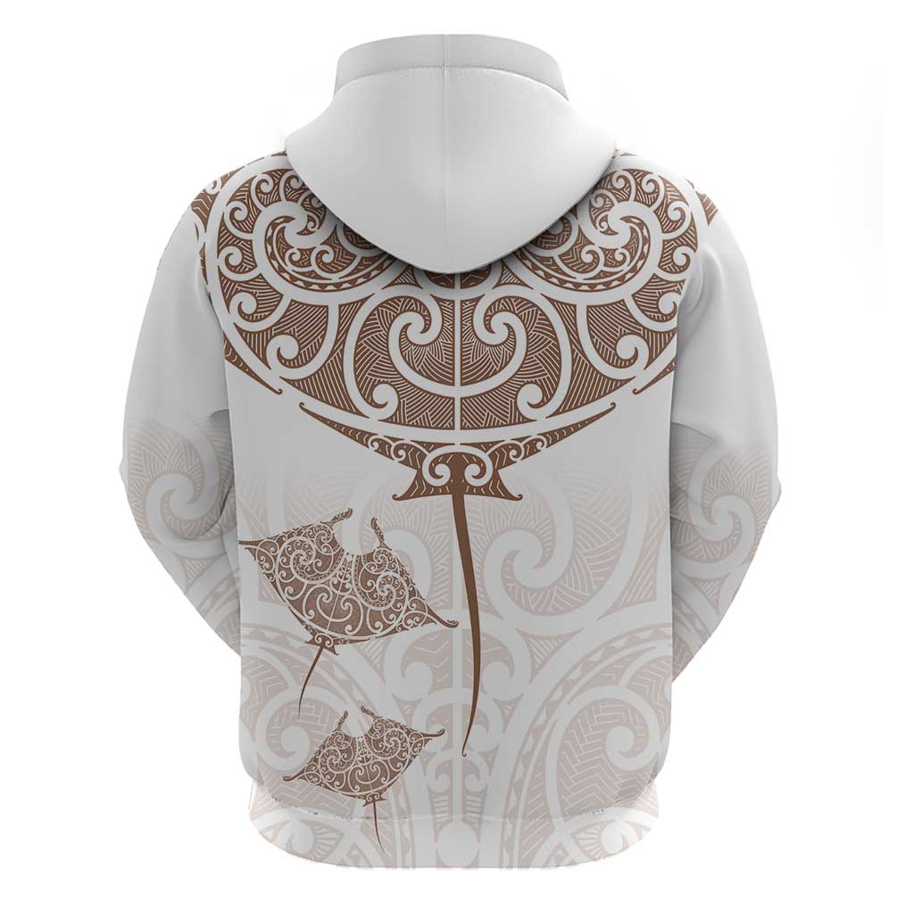 New Zealand Manta Ray Tattoo Hoodie Aotearoa Maori Haehae Beige - Polynesian Pride