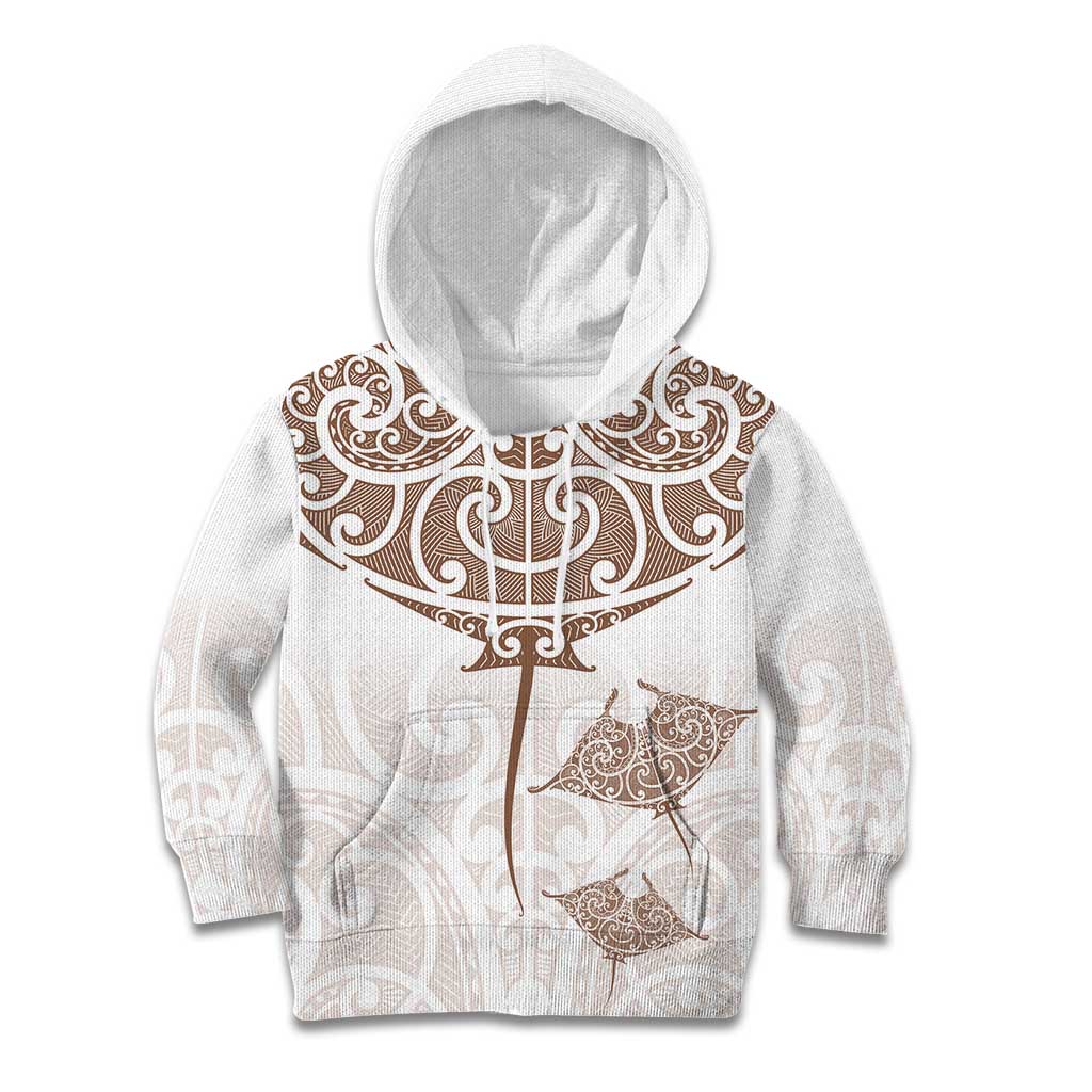 New Zealand Manta Ray Tattoo Kid Hoodie Aotearoa Maori Haehae Beige - Polynesian Pride